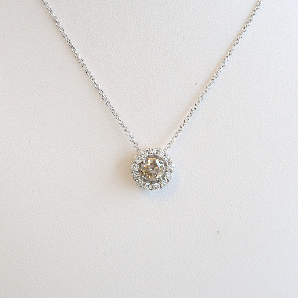 American Jewelry ESTATE 14k White Gold .65ctw (.45 Champagne Ctr) Diamond Halo Necklace