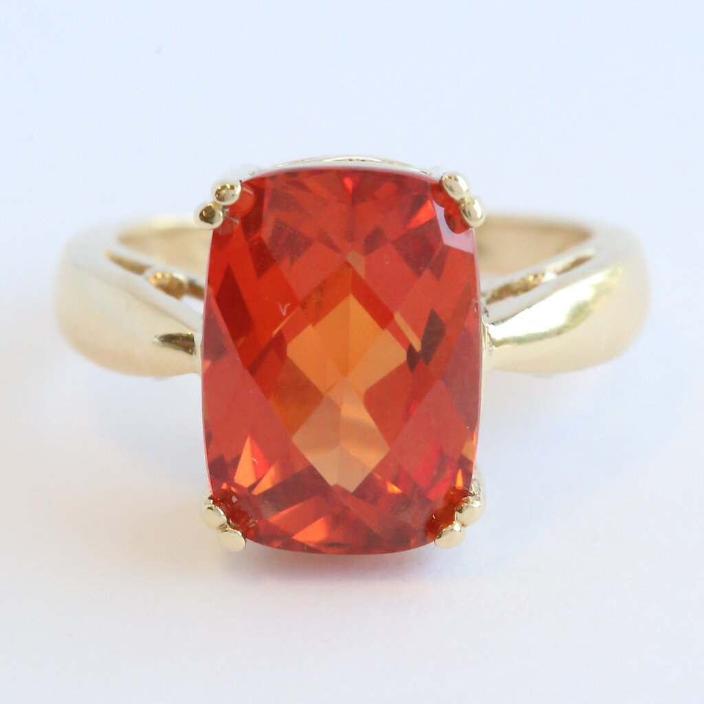 American Jewelry ESTATE 14k Yellow Gold 8.5ct Orange Lab Grown Sapphire Elongated Cushion Ring