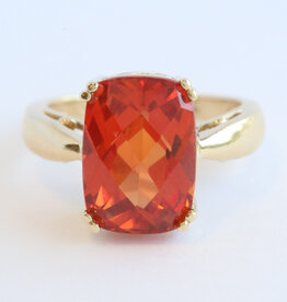 American Jewelry ESTATE 14k Yellow Gold 8.5ct Orange Lab Grown Sapphire Elongated Cushion Ring