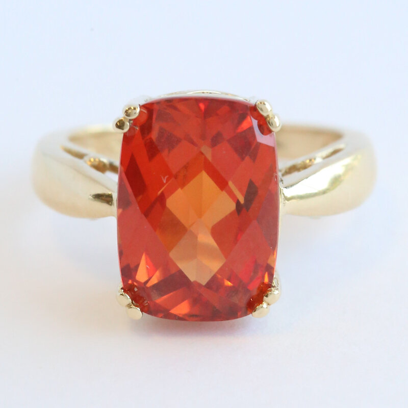 American Jewelry ESTATE 14k Yellow Gold 8.5ct Orange Lab Grown Sapphire Elongated Cushion Ring