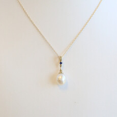 American Jewelry 14k Yellow Gold Pearl Dangle w/ Sapphire Accent Necklace