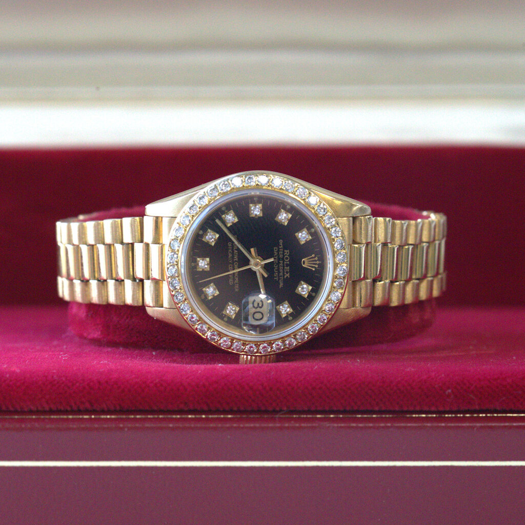 Rolex 18k Gold 26mm Ladies Rolex Presidential DateJust with Black Diamond Dial and Diamond Bezel