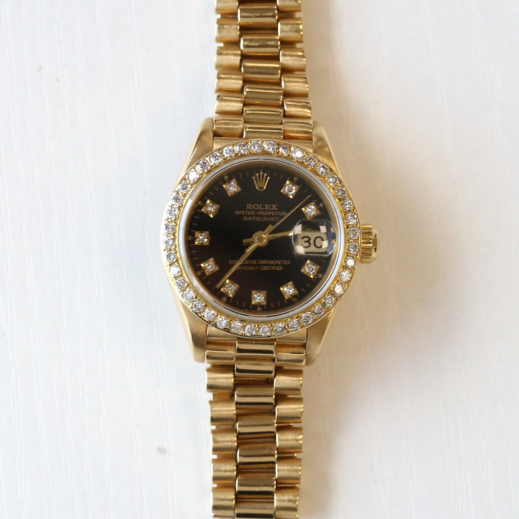 Rolex 18k Gold 26mm Ladies Rolex Presidential DateJust with Black Diamond Dial and Diamond Bezel