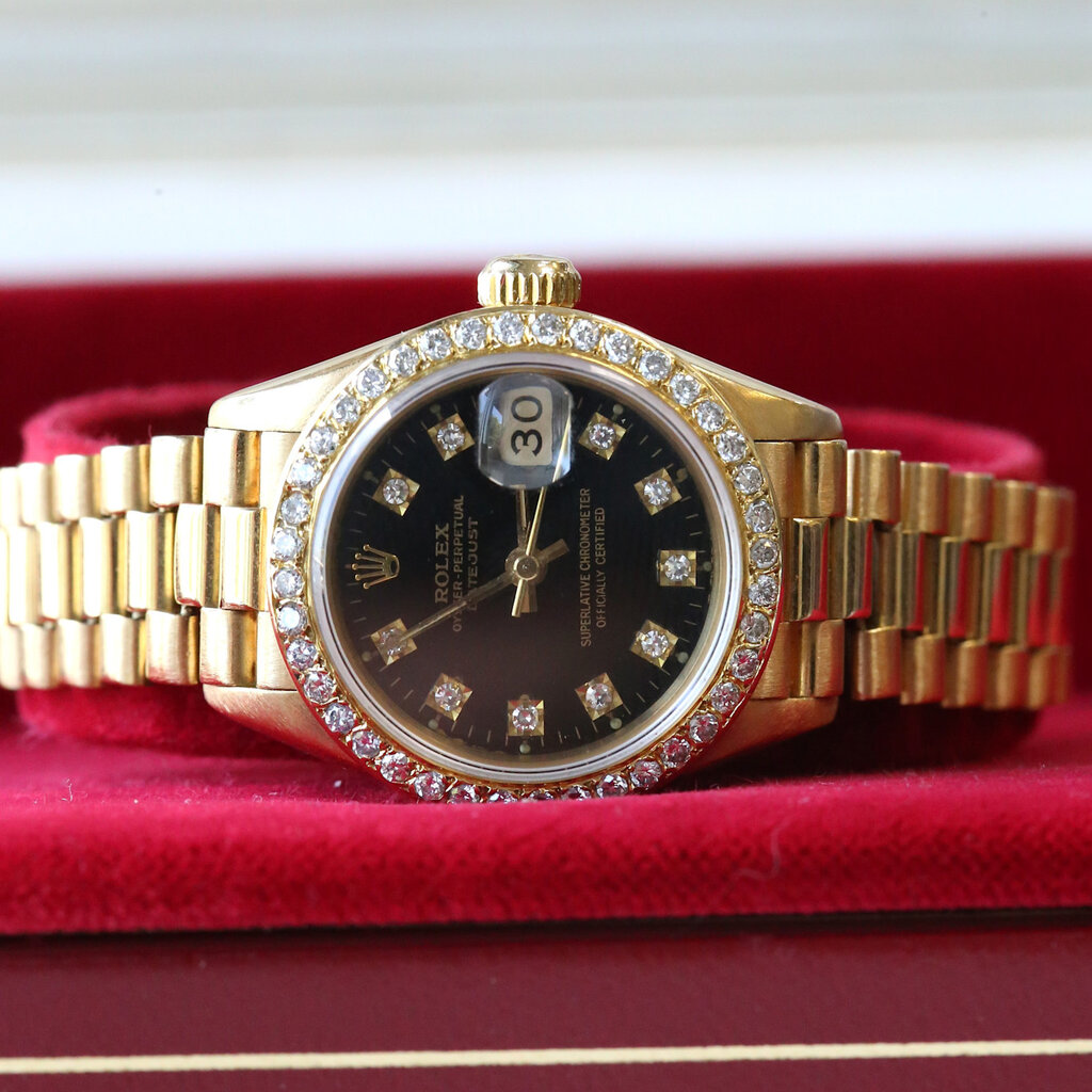 Rolex 18k Gold 26mm Ladies Rolex Presidential DateJust with Black Diamond Dial and Diamond Bezel