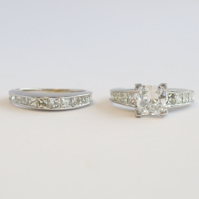 American Jewelry ESTATE 14k White Gold 3ctw Lab Grown IGI Diamond Princess Cut Accented Solitaire Engagement Ring & .75ctw Wedding Band Set