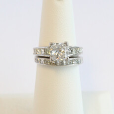 American Jewelry ESTATE 14k White Gold 3ctw Lab Grown IGI Diamond Princess Cut Accented Solitaire Engagement Ring & .75ctw Wedding Band Set