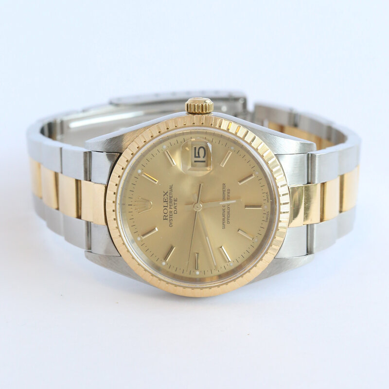 Rolex Pre-Owned Rolex 34mm Two Tone Oyster Perpetual  Date Watch w/ Gold Dial