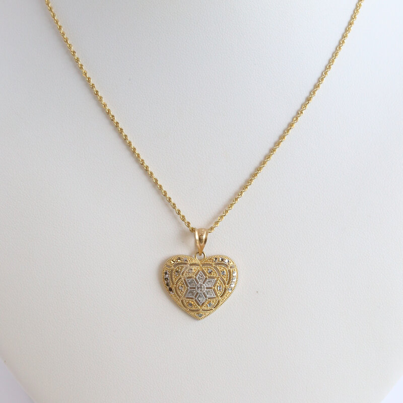 American Jewelry ESTATE 14k White & Yellow Gold Milgrain Heart Snowflake Necklace