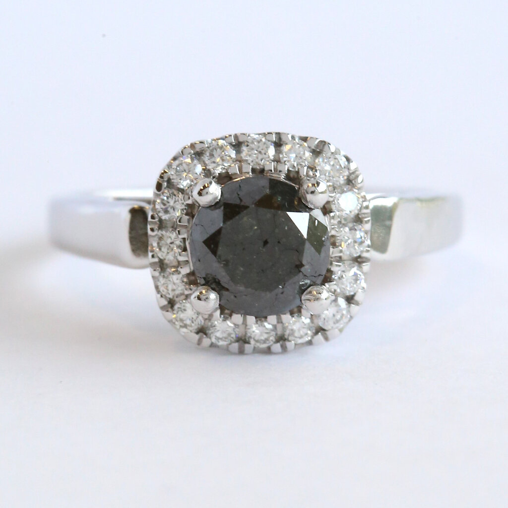 American Jewelry 14k White Gold 1.70ctw (1.45 Ctr) Round Black Diamond Cushion Halo Engagement Ring (Size 7)