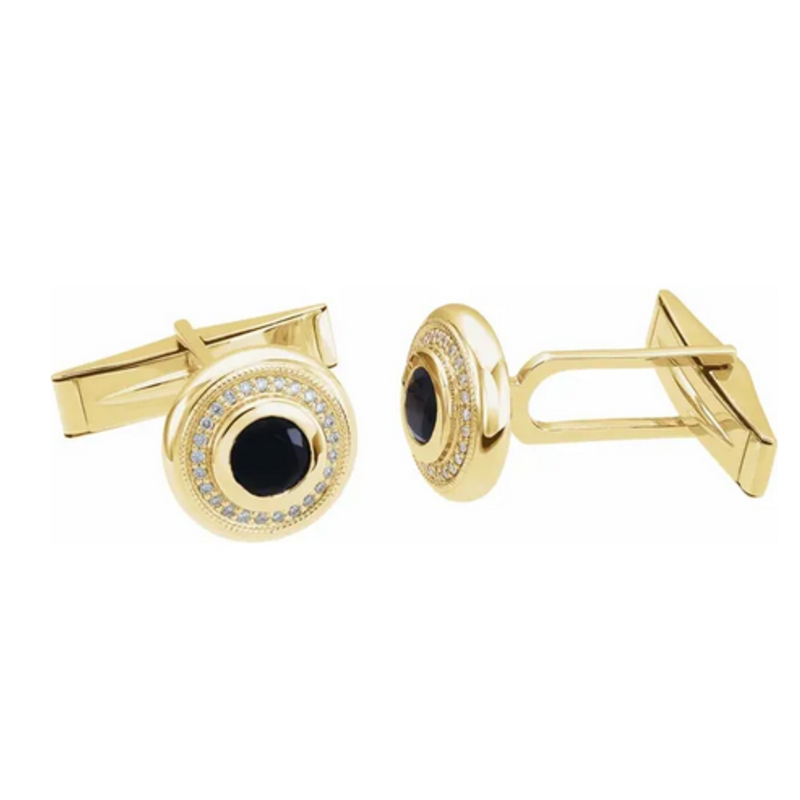 14k Yellow Gold 1/8ctw Diamond and Black Onyx Cuff Links