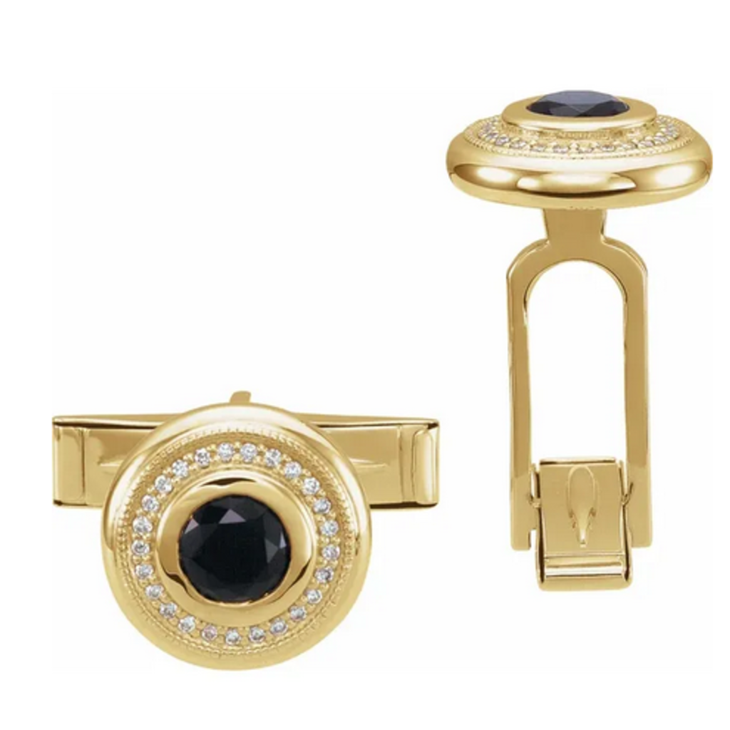 14k Yellow Gold 1/8ctw Diamond and Black Onyx Cuff Links