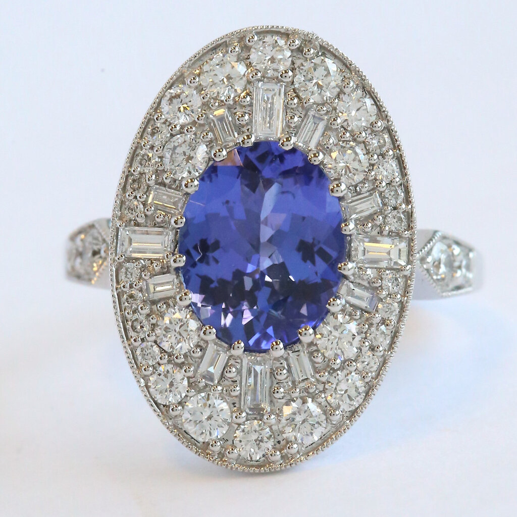 American Jewelry 14k White Gold 2.76ct Tanzanite 1.08ctw Diamond Baguette & Round Oval Halo Ring