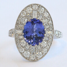 American Jewelry 14k White Gold 2.76ct Tanzanite 1.08ctw Diamond Baguette & Round Oval Halo Ring