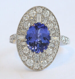 American Jewelry 14k White Gold 2.76ct Tanzanite 1.08ctw Diamond Baguette & Round Oval Halo Ring