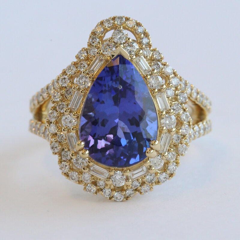 American Jewelry 14k Yellow Gold 4.69ct Tanzanite 1.13ctw Baguette & Round Diamond Pear Halo Ring