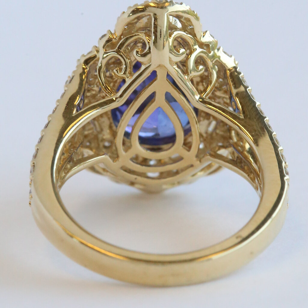 American Jewelry 14k Yellow Gold 4.69ct Tanzanite 1.13ctw Baguette & Round Diamond Pear Halo Ring