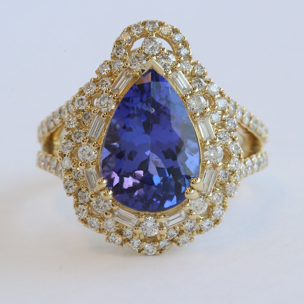 American Jewelry 14k Yellow Gold 4.69ct Tanzanite 1.13ctw Baguette & Round Diamond Pear Halo Ring