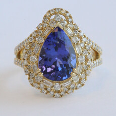 American Jewelry 14k Yellow Gold 4.69ct Tanzanite 1.13ctw Baguette & Round Diamond Pear Halo Ring