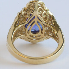 American Jewelry 14k Yellow Gold 4.69ct Tanzanite 1.13ctw Baguette & Round Diamond Pear Halo Ring