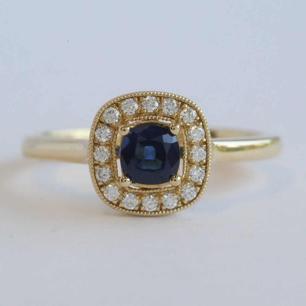 American Jewelry 14k Yellow Gold .54ct Sapphire 1/8ctw Diamond Cushion Halo Milgrain Ring