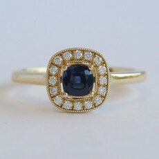 American Jewelry 14k Yellow Gold .54ct Sapphire 1/8ctw Diamond Cushion Halo Milgrain Ring