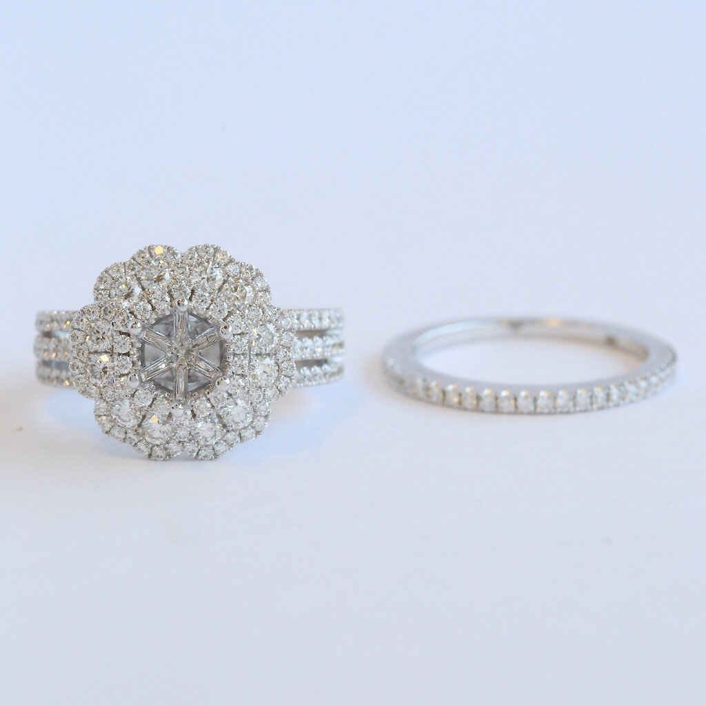 American Jewelry 14k White Gold 1 5/8ctw Diamond Triple Halo Semi Mount Wedding Band Set