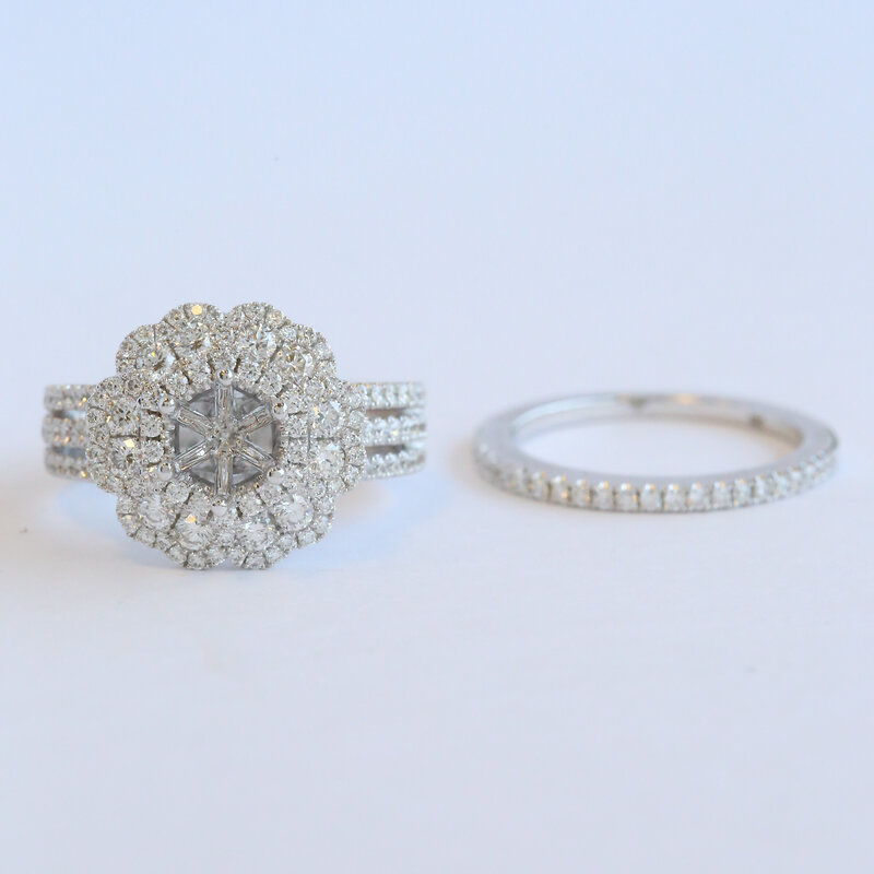 American Jewelry 14k White Gold 1 5/8ctw Diamond Triple Halo Semi Mount Wedding Band Set