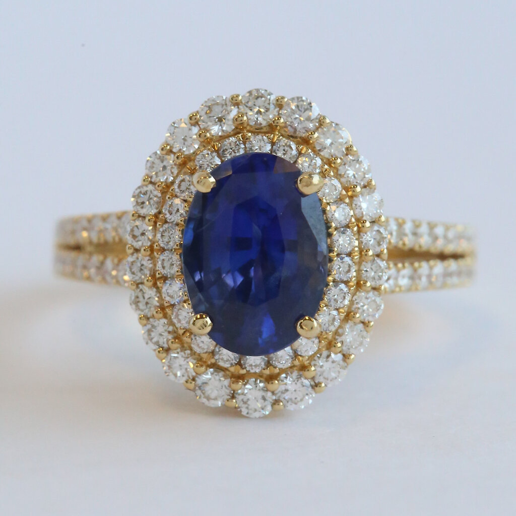 American Jewelry 18k Yellow Gold 2.51ct Sapphire .96ctw Diamond Oval  Double Halo Split Shank Ring