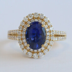 American Jewelry 18k Yellow Gold 2.51ct Sapphire .96ctw Diamond Oval  Double Halo Split Shank Ring
