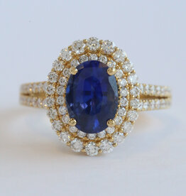 American Jewelry 18k Yellow Gold 2.51ct Sapphire .96ctw Diamond Oval  Double Halo Split Shank Ring