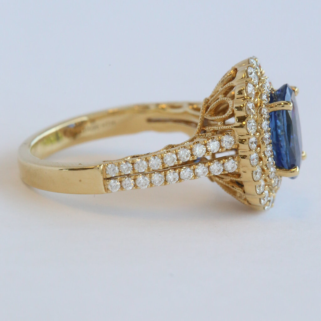 American Jewelry 18k Yellow Gold 2.51ct Sapphire .96ctw Diamond Oval  Double Halo Split Shank Ring