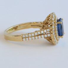 American Jewelry 18k Yellow Gold 2.51ct Sapphire .96ctw Diamond Oval  Double Halo Split Shank Ring