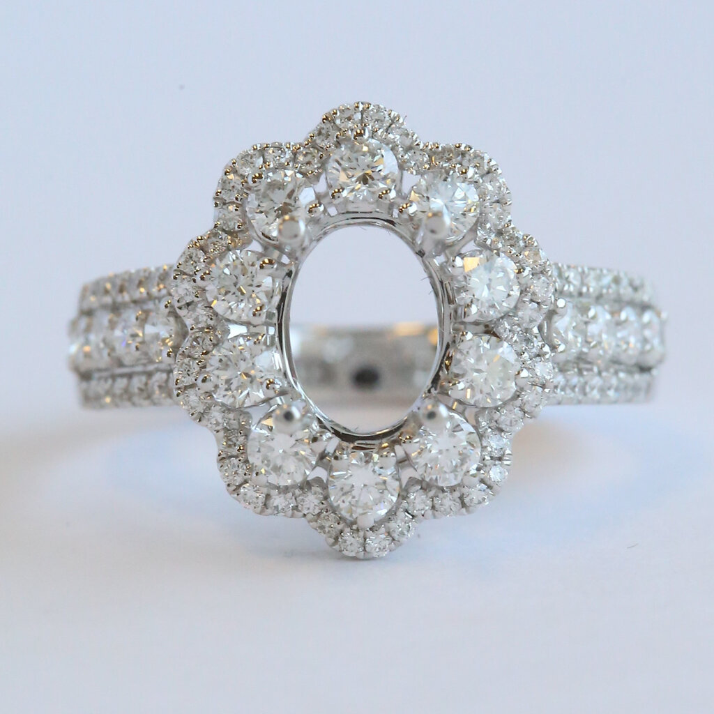 American Jewelry 14k White Gold 1.03ctw Diamond Oval Double Halo Semi Mount Engagement Ring