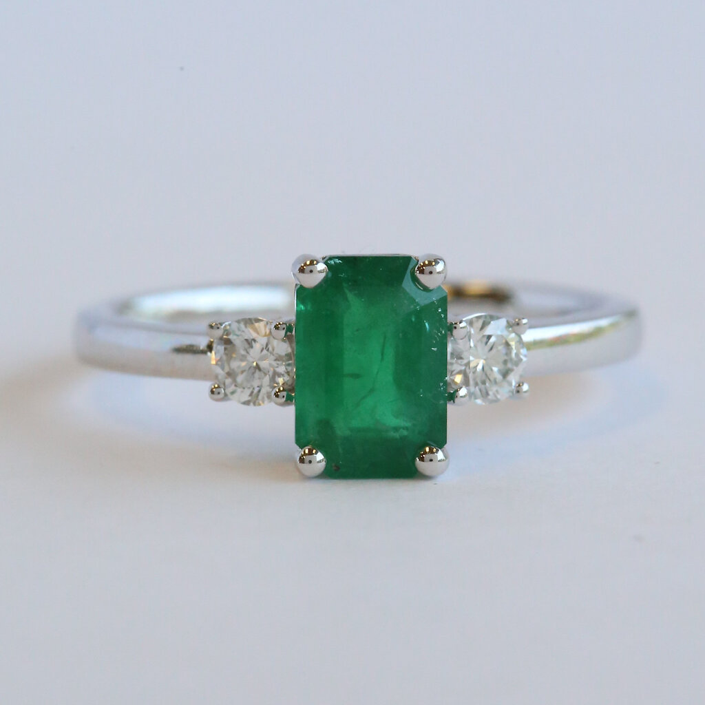 American Jewelry 14k White Gold 1.02ct Emerald .21ctw Diamond Emerald & Round 3 Stone Ring