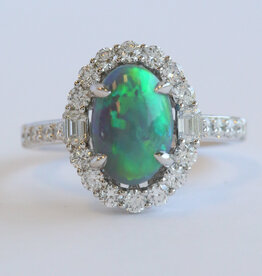 American Jewelry Platinum 3.07ct Black Opal .97ctw Diamond Round & Baguette Oval Halo Ring