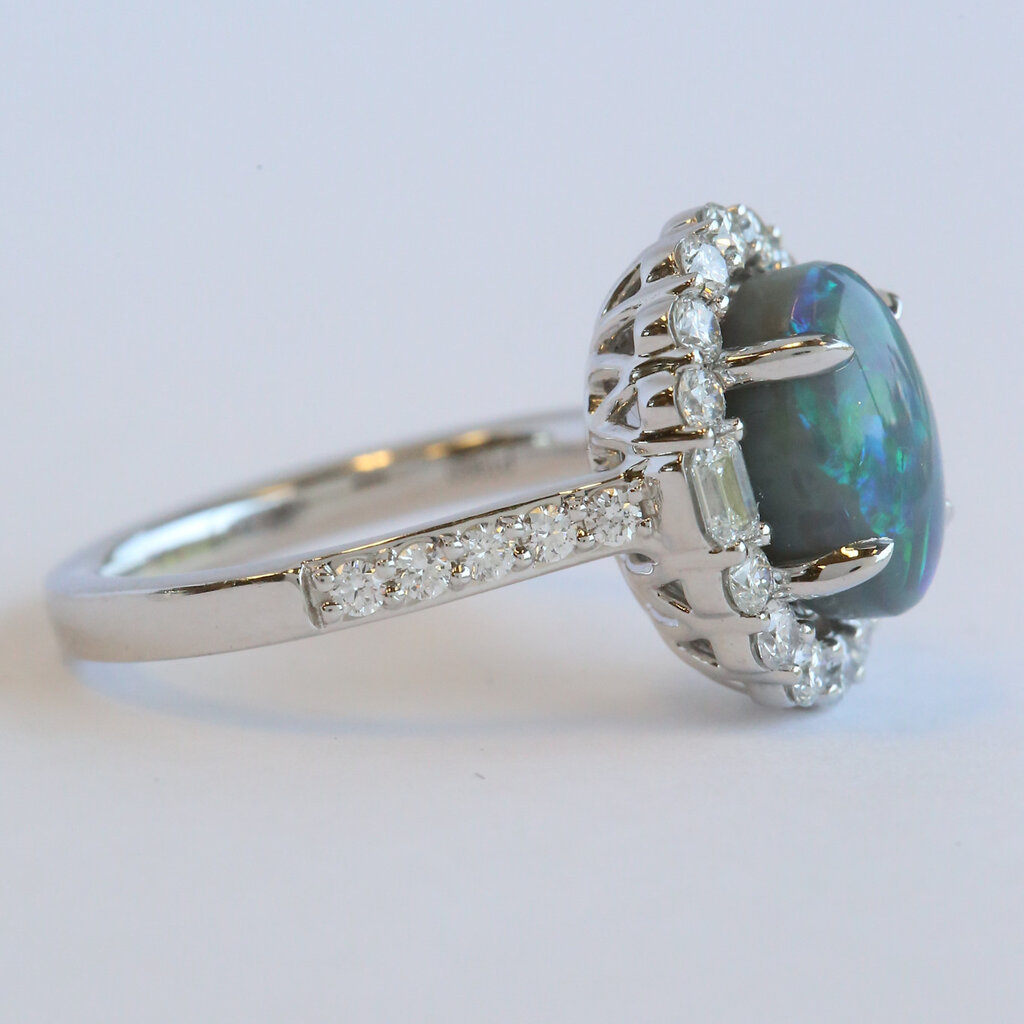 American Jewelry Platinum 3.07ct Black Opal .97ctw Diamond Round & Baguette Oval Halo Ring