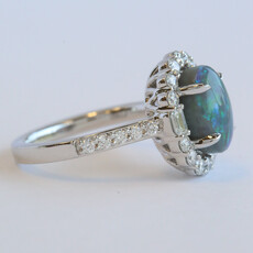 American Jewelry Platinum 3.07ct Black Opal .97ctw Diamond Round & Baguette Oval Halo Ring