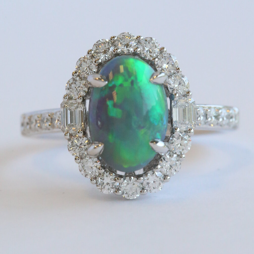 American Jewelry Platinum 3.07ct Black Opal .97ctw Diamond Round & Baguette Oval Halo Ring