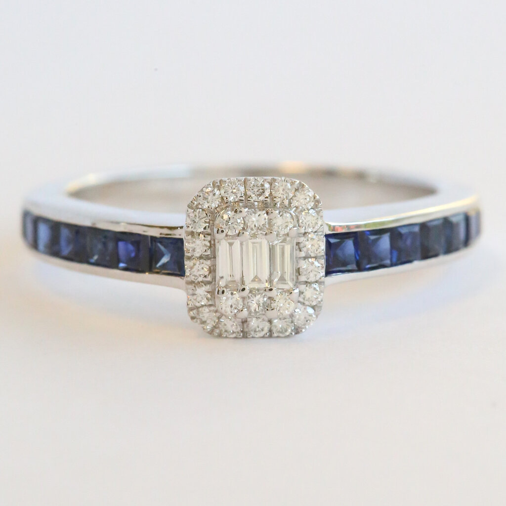 American Jewelry 14k White Gold .20ctw Diamond .68ctw Sapphire Baguette Halo Ring