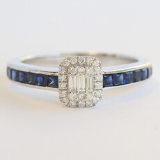American Jewelry 14k White Gold .20ctw Diamond .68ctw Sapphire Baguette Halo Ring