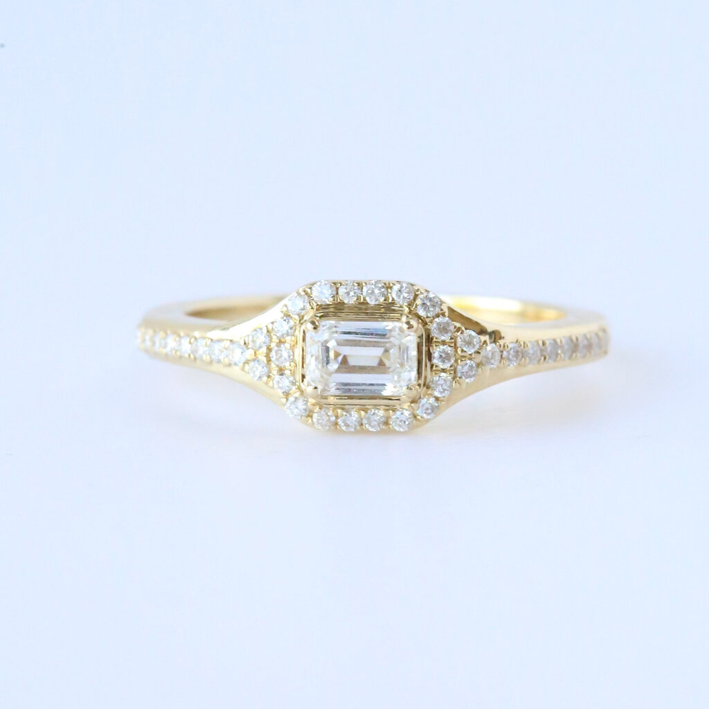 14k Yellow Gold .51ctw (.30ct Center) East to West Emerald Diamond Halo Ring (Size 7)