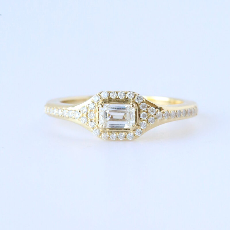 14k Yellow Gold .51ctw (.30ct Center) East to West Emerald Diamond Halo Ring (Size 7)