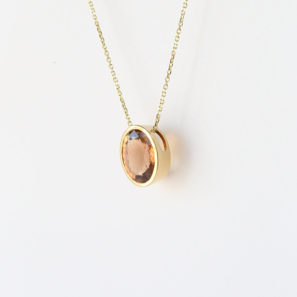 18k Yellow Gold 5.07ct Oval Rose Cut Pink/OrangeTourmaline Bezel Pendant (16"-18")