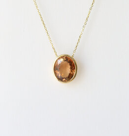 18k Yellow Gold 5.07ct Oval Rose Cut Pink/OrangeTourmaline Bezel Pendant (16"-18")