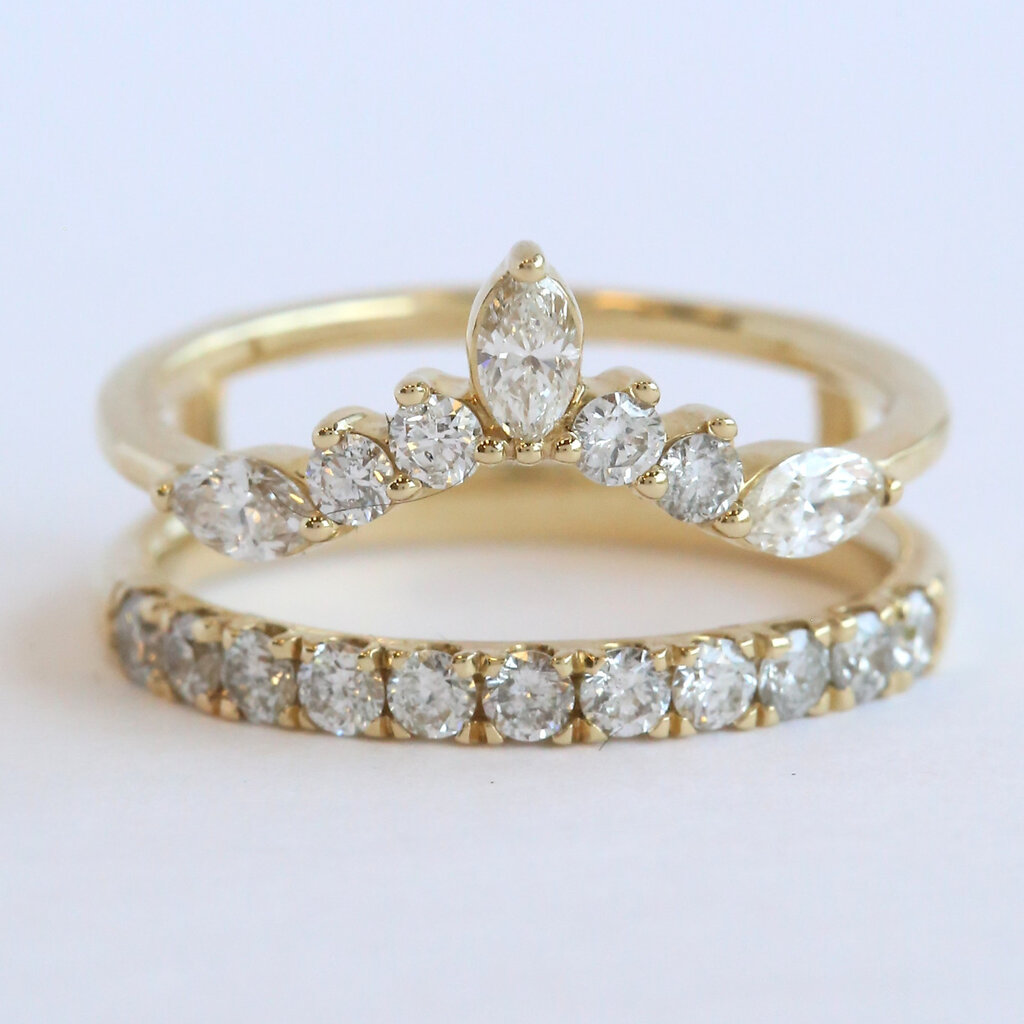 American Jewelry 14k Yellow Gold .96ctw Diamond Marquise Point & Round Ring Guard