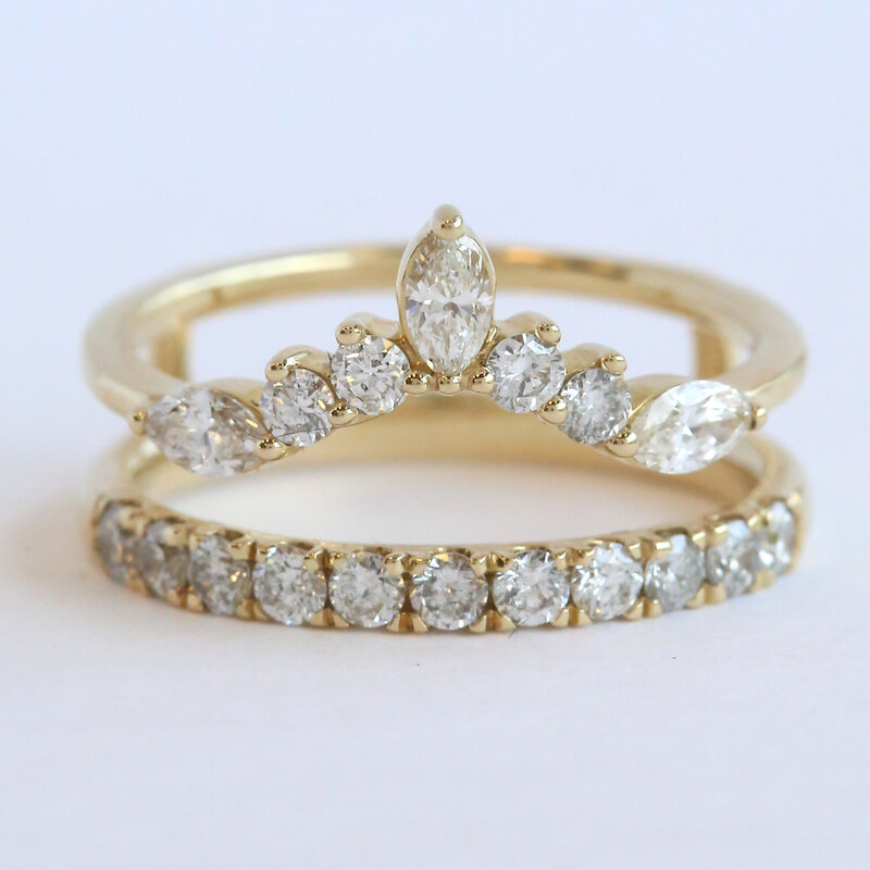 American Jewelry 14k Yellow Gold .96ctw Diamond Marquise Point & Round Ring Guard