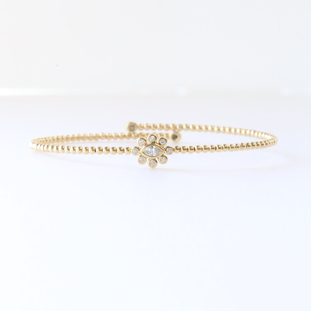 14k Yellow Gold .25ctw Marquise and Round Diamond Bezel Beaded Flex Bangle