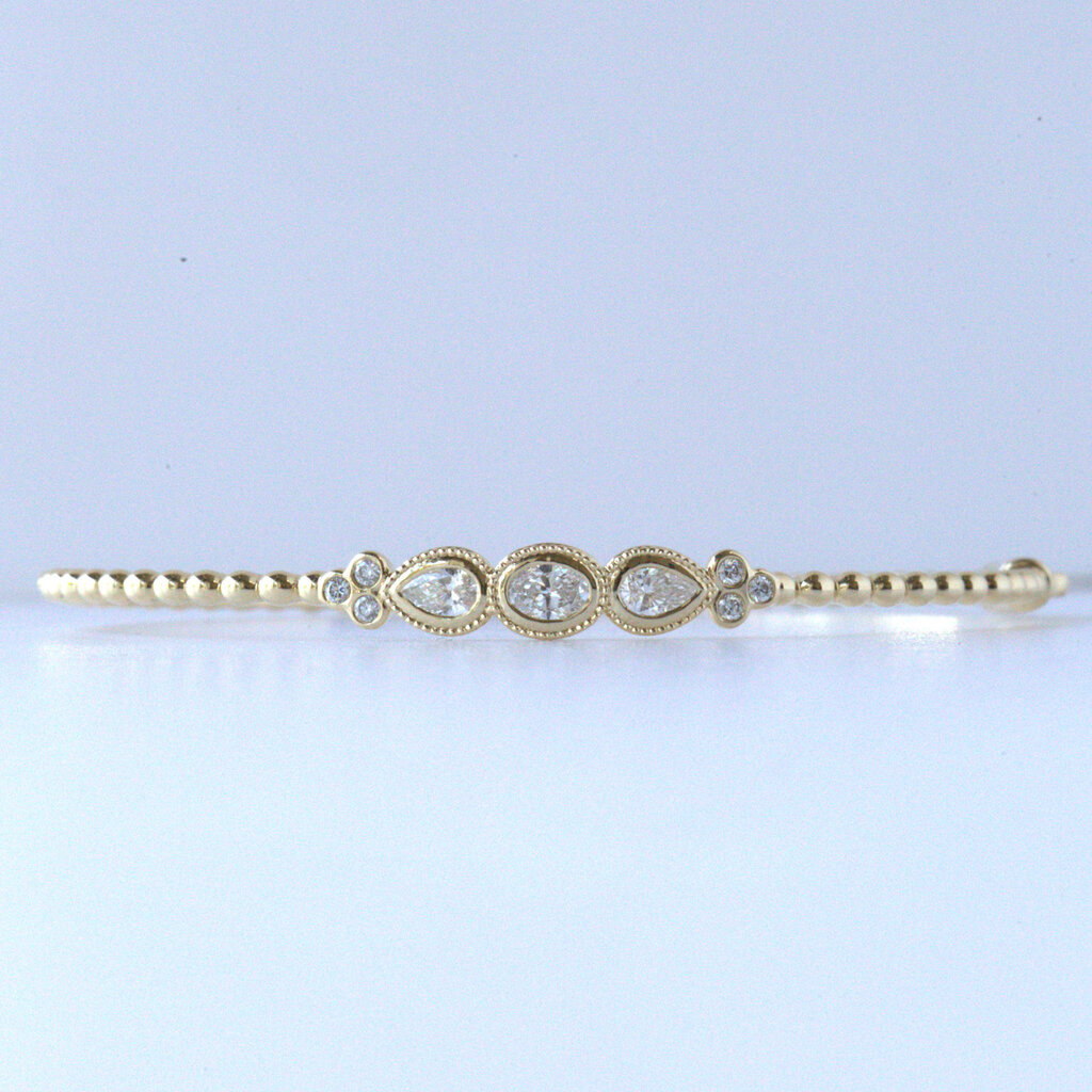 14k Yellow Gold .67ctw Oval, Pear and Round Milgrain Bezel Beaded Hinged Bangle Bracelet