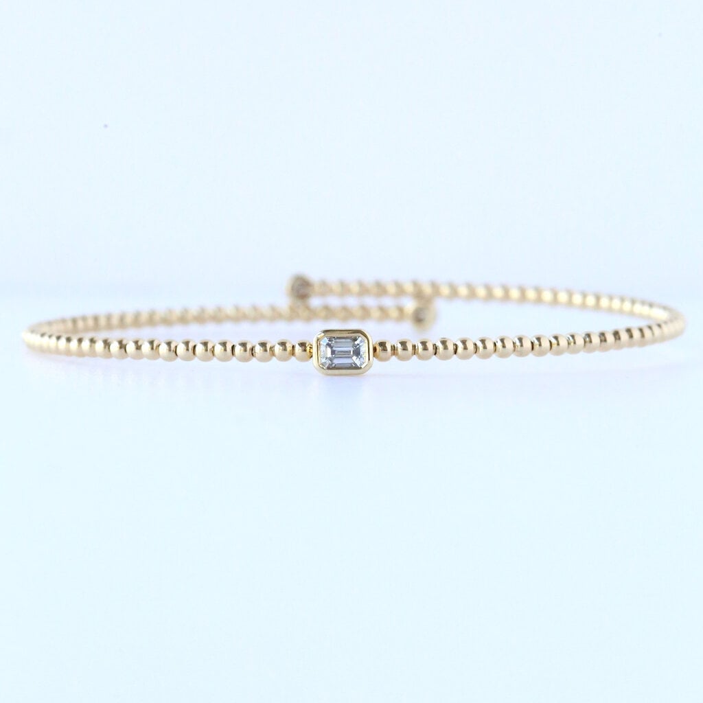 14k Yellow Gold .25ct Emerald and Round Bezel Beaded Flexible Bangle Bracelet