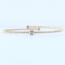 14k Yellow Gold .25ct Emerald and Round Bezel Beaded Flexible Bangle Bracelet